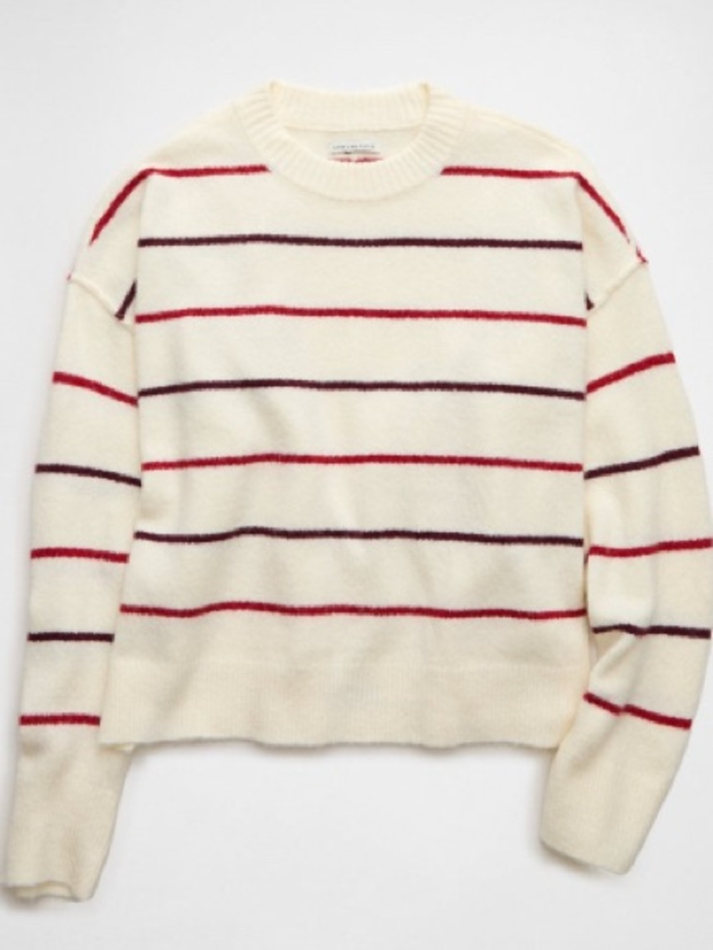American Eagle Outfitters Cream Crewneck Sweater with Red and Burgundy Stripes